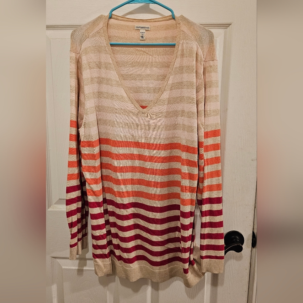 Croft and Barrow V-Neck Sweater with Cream And Pink Stripes